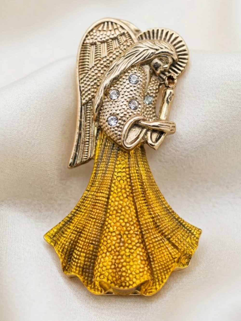 Vintage Angel Brooch Color Changing Gown Gold Tone Open Back 2.6"